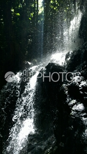 Tahiti, cascade dans la forêt, sous les rayons de soleil