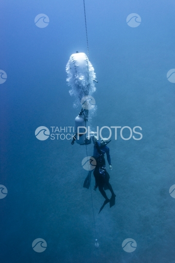 Deux plongeurs en apnée revenant de la profondeur muni d une bouée gonflée