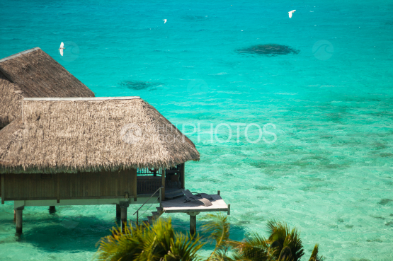 Belle vue sur un bungalow luxueux sur pilotis dans le lagon, Bora Bora