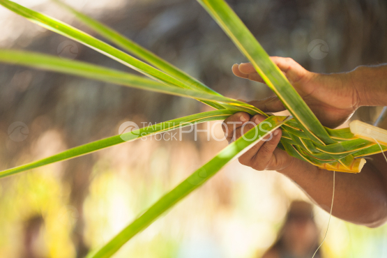 Homme polynésien tressant  des feuilles de cocotier, Bora Bora