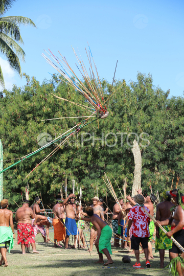 Tahiti, Cible noix de coco et javelots plantés, concours traditionnel du lancer de javelot, Tuaro Maohi, Polynésie