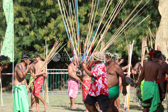 Tahiti, Juge portant la coco et javelots plantés, concours traditionnel du lancer de javelot, Tuaro Maohi, Polynésie